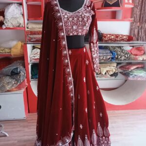 Royal Crimson Velvet Lehenga Choli Set