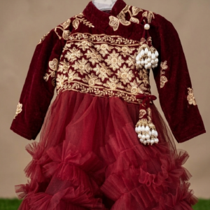 Regal Maroon Velvet Ruffle Gown for Kids