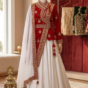 Velvet Angrakha Kurta and Tulle Skirt Lehenga Set